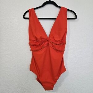 Amoressa 10 Orange‎ Romancing Stone Studded Deep V Plunge One Piece Swimsuit